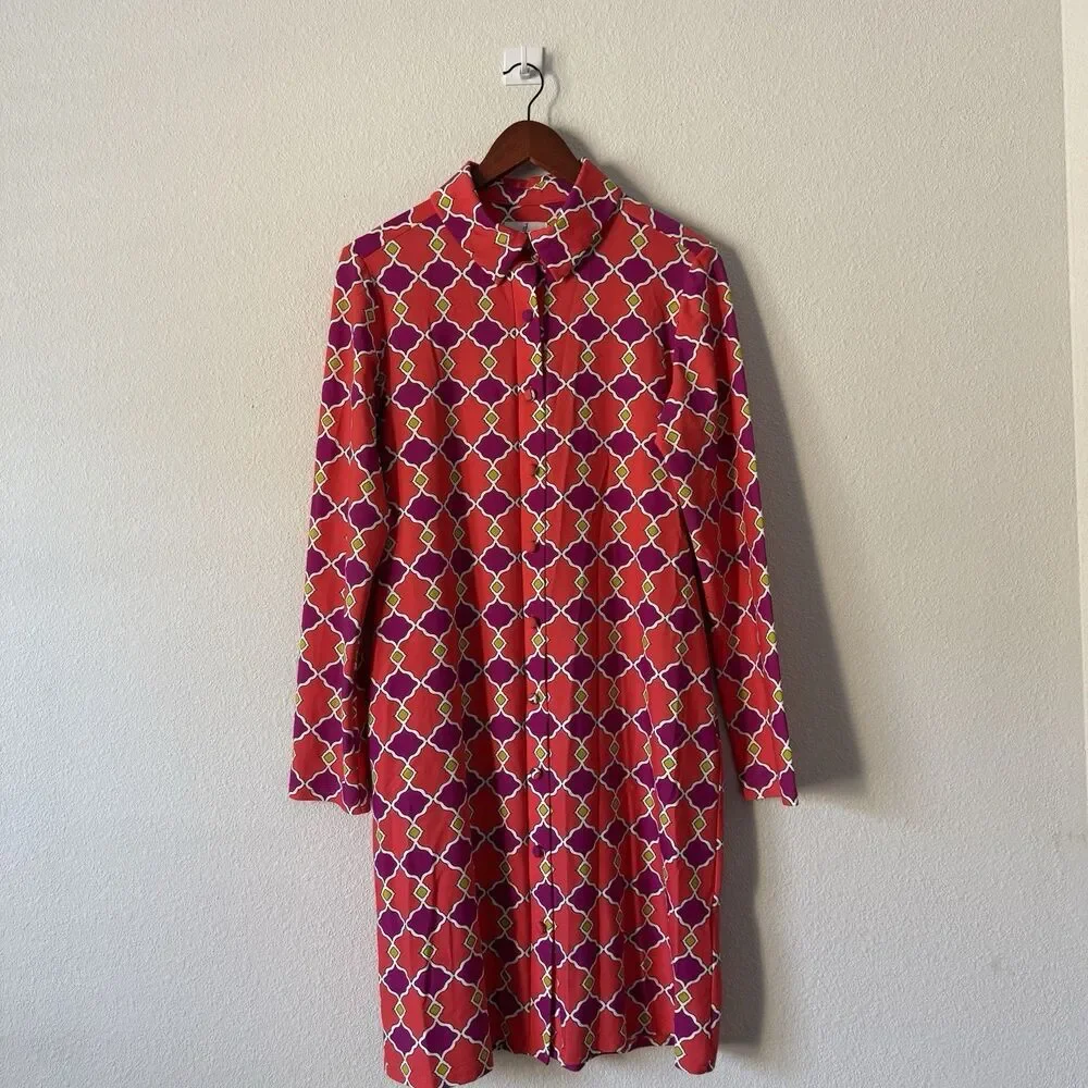 Jude Connally Moroccan Lattice shift dress Size L Red Pink Purple Geo Print Tie